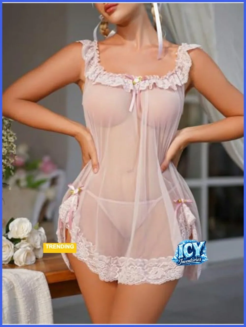 Sheer Lace Babydoll Dress & Thong Lingerie Set 2pc